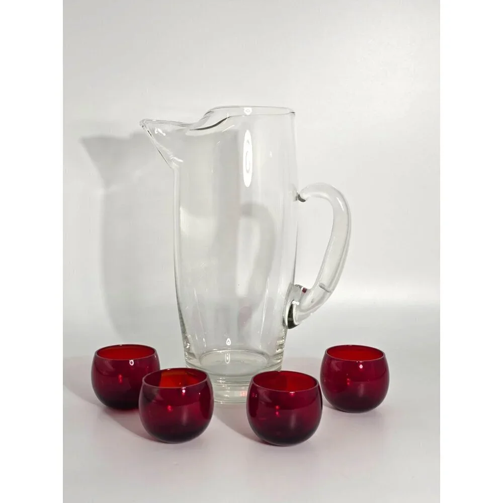 Large Vintage Clear Glass Pitcher With Handle & 4 Red Glass Cups For Drinks